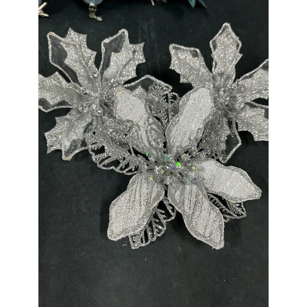 12 Silver/Blue Glittered Christmas Ornaments:Butterflies‎ Dragonfly Bird Flowers